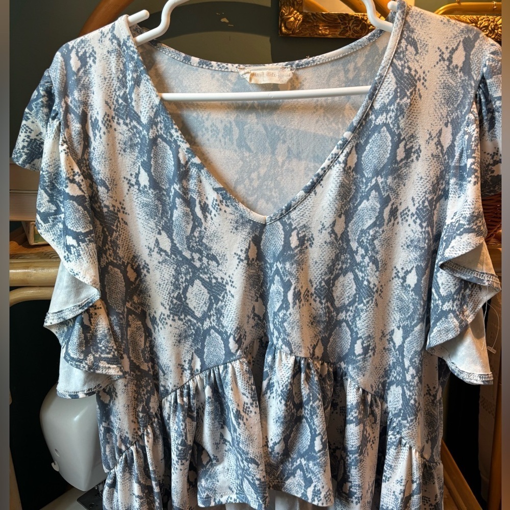 Altard State Blue Snake Print Ruffle Sleeve Top